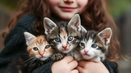 귀여운 새끼 고양이 세 마리를 품에 안은 십대 소녀. 가축.