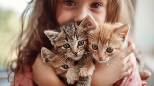 귀여운 새끼 고양이 세 마리를 품에 안은 십대 소녀. 가축.