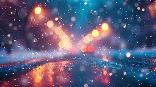 겨울 추상, 보케가 있는 흐린 배경. 눈 덮인 도로에 반사된 흐릿한 밤 도시의 불빛. 네온 불빛, 떨어지는 눈, 눈송이.