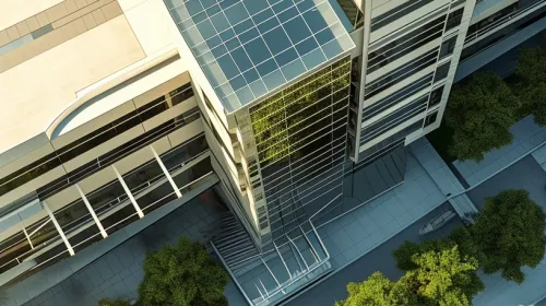 약간 위에서 내려다본 아름다운 오피스 빌딩의 초고화질 3D 이미지