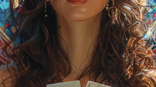 곱슬곱슬한 갈색 머리에 검은색 드레스를 입은 아름다운 여성이 화려한 배경에 두 개의 에이스를 얼굴 앞에 들고 있는 모습이 묘사되어 있습니다. 도박, 포커, 카지노 클로즈업