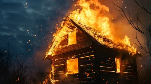 방화 또는 자연 재해 - 목조 주택 지붕에 불길이 타오르는 경우