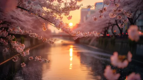 일본 도쿄의 메구로 강에 아름다운 벚꽃이 피었습니다.