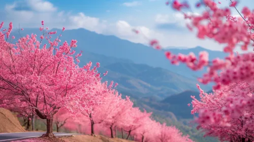 한 여행자가 야생 히말라야 벚꽃 관광을 떠납니다. 겨울철, 태국 치앙마이의 푸른 하늘 아래 자연스러운 분홍색 벚꽃이 피어납니다.