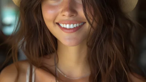 아름다운 미소 짓는 여자와 여름 햇살 해변 초상화. 히스패닉 소녀가 웃으며 기쁨으로 카메라를 바라보고 있습니다.