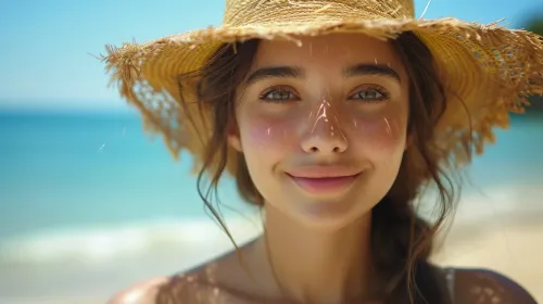 아름다운 미소 짓는 여자와 여름 햇살 해변 초상화. 히스패닉 소녀가 웃으며 기쁨으로 카메라를 바라보고 있습니다.