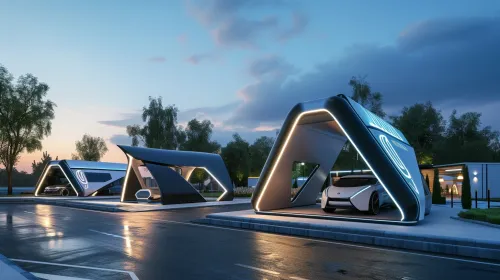 아스팔트 도로의 미래형 전기 주차장과 현대적인 옥상 삼각형 모양의 요소 디자인 건물. 3D 렌더링